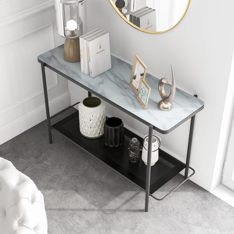 Puetz Contemporary White and Black 48-inch Steel 1-Shelf Sofa Table by Furniture of America