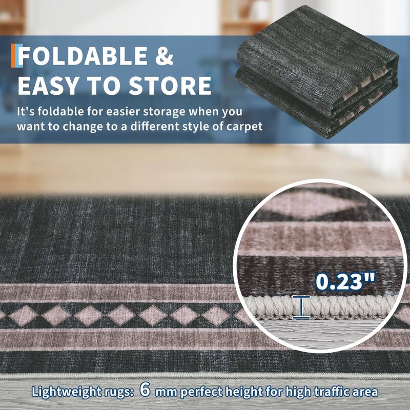 Modern Bordered Rug Non Slip Low Pile Area Rugs for Living Room, Machine Washable Area Rugs Soft Throw Rugs