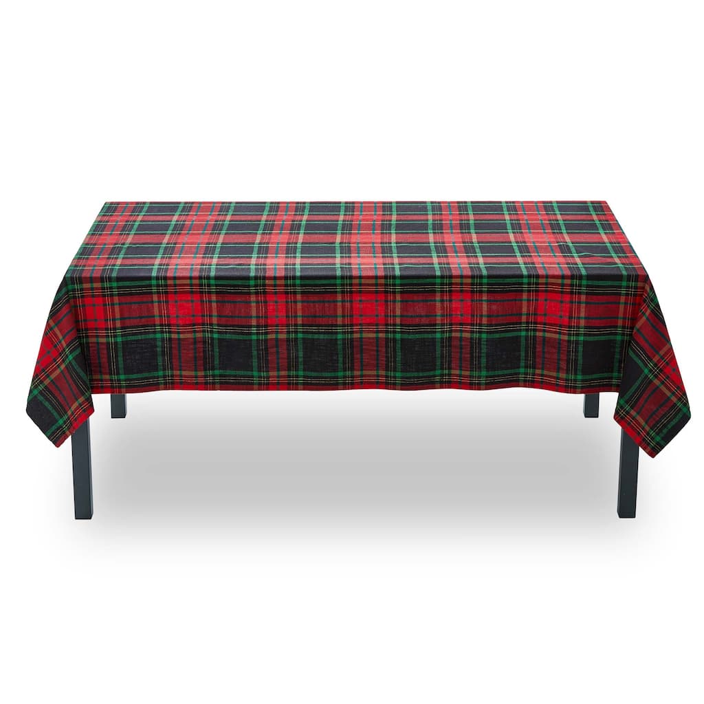 Christmas Plaid Tablecloth - Red Multi Cotton, 96" x 60" - Machine Washable Holiday Table Decor