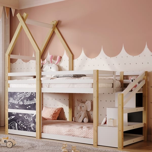 slide 2 of 13, Storage Staircase House Bunk Bed with 2 Blackboards, Twin Bed Frame White - Twin