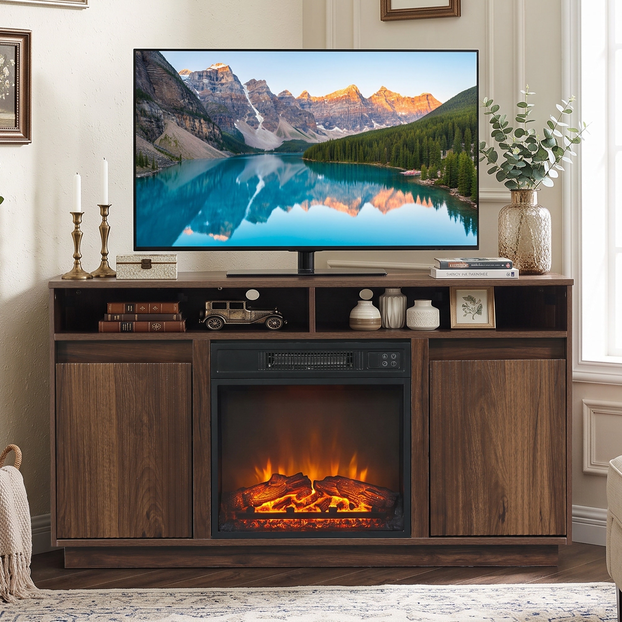 47 Inch Farmhouse Dark Walnut Electric Fireplace Corner Fluted TV Stand for TVs up to 55" with Remote