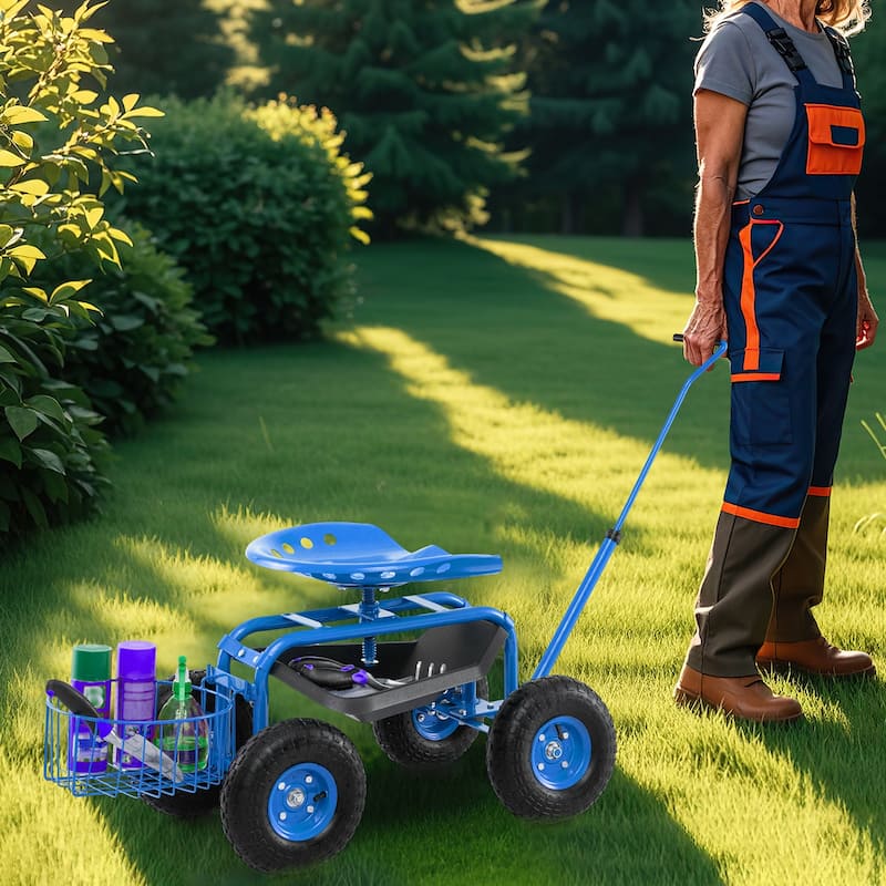 Gymax Rolling Garden Cart Scooter w/ Adjustable Seat Storage Basket