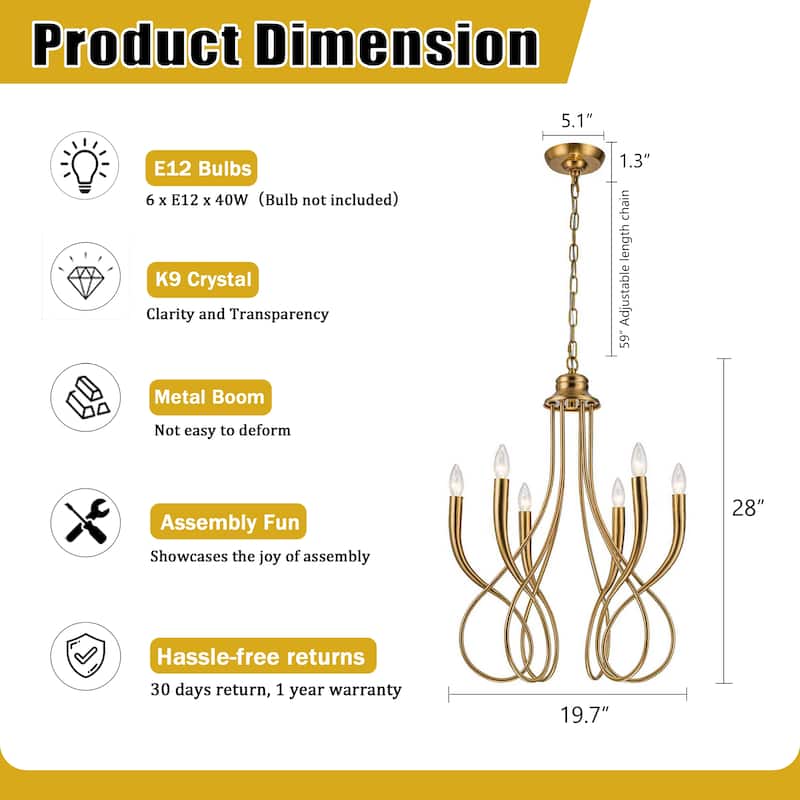 20'' 6-Light Plated Brass Candelabra Chandelier with Curved Arms Mid-Century Modern Pendant Light for Dining Room or Entryway