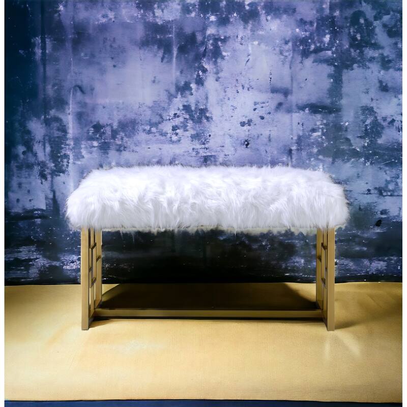Bagley II White Faux Fur & Gold Finish Bench