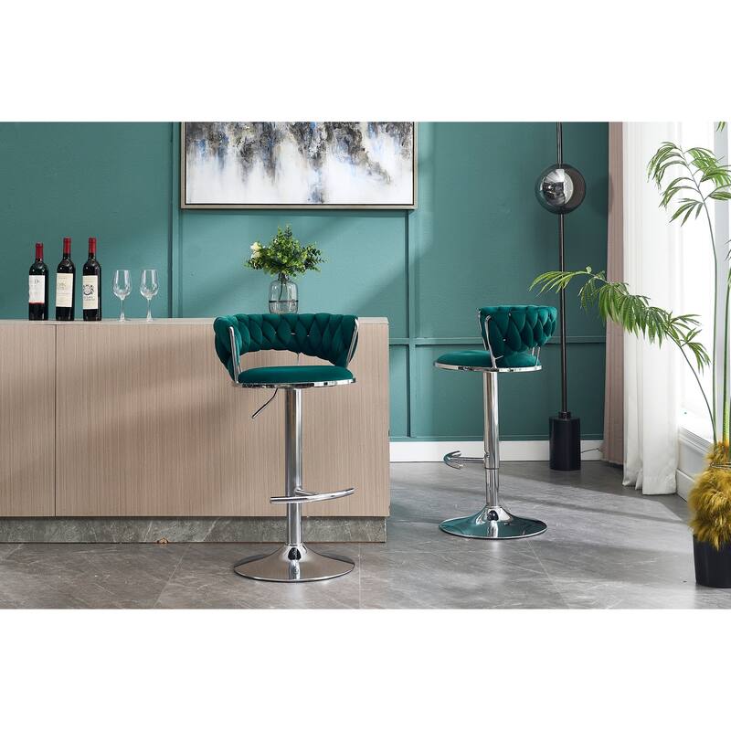 Set of 2 Bar Stools,with Chrome Footrest and Base Swivel, Height Adjustable, Velvet Upholstered + Chrome Leg Simple Bar Stool
