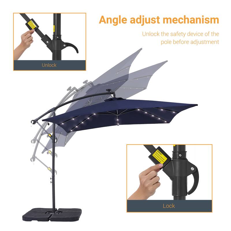 LIVOOSUN Solar Powered 8.2ft LED Patio Offset Umbrella With Base