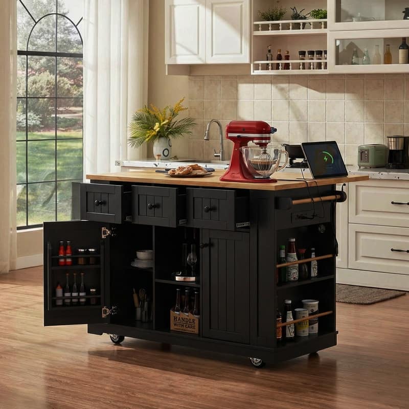 53" Kitchen Island with Drop Leaf,Rolling Kitchen Cart on 5 Wheels withDrawers, Power Outlet and Open Side Racks for Kitchen