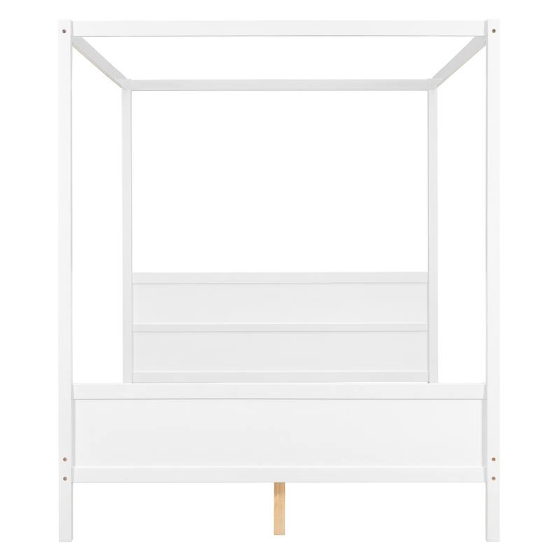 Queen Size White Canopy Platform Bed with Headboard, Footboard and Slat Support