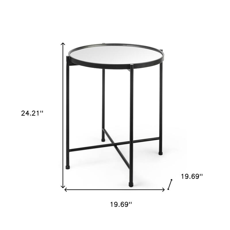 HomeRoots 24" Silver and Black Mirrored Glass and Iron Round End Table - 19.69 in. x 24.21 in. x 19.69 in.