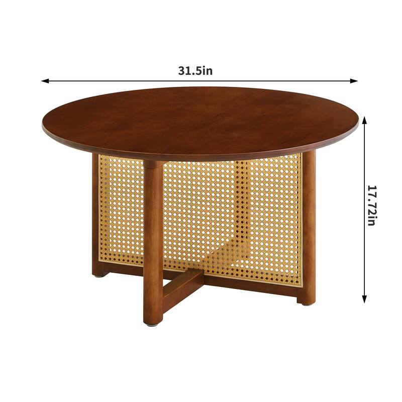 Mid Century Wooden Coffee Table Bohemian Style Coffee Table with Solid Wood and Frame Rattan Stand, for Living Room