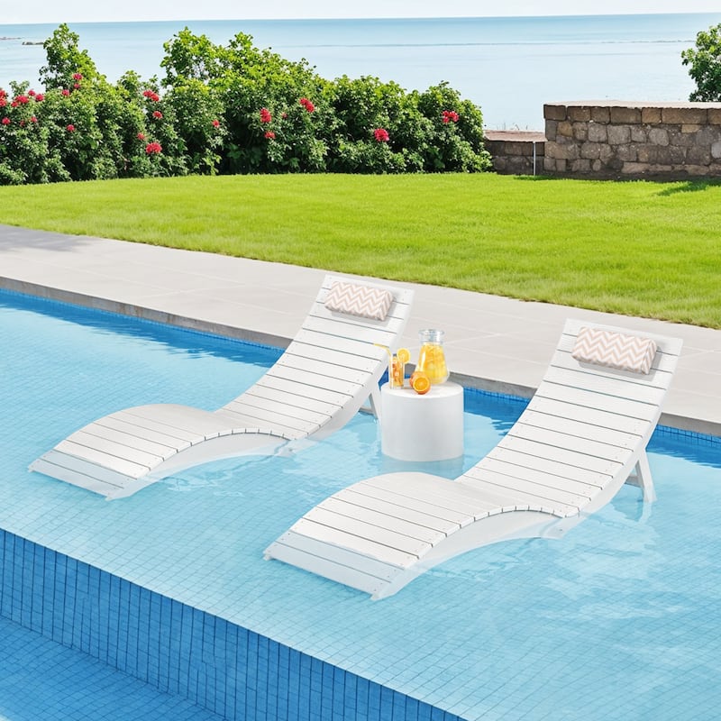 1-Piece Folding HDPS Plastic Outdoor Pool Chaise Lounge with Headrest Cushion - White