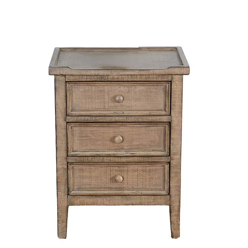 Rena Side End Table | 3 Drawers with Round Knobs | 19" Distressed Pebble Brown Mahogany Wood
