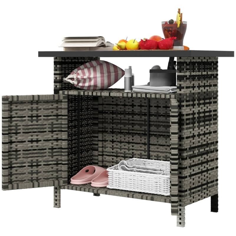 Outdoor Shoe Cabinet with PE Wicker Doors and Metal Tabletop - 35.4" L x 20.9" W x 33.5" H - Mixed-Grey-Black