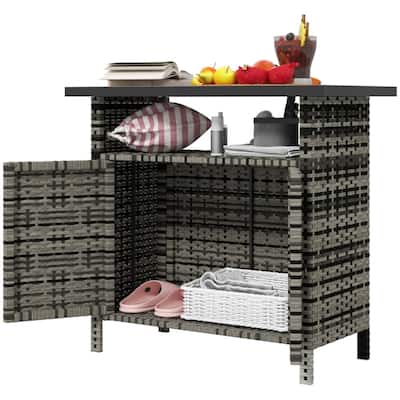 Outdoor Shoe Cabinet with PE Wicker Doors and Metal Tabletop - 35.4" L x 20.9" W x 33.5" H
