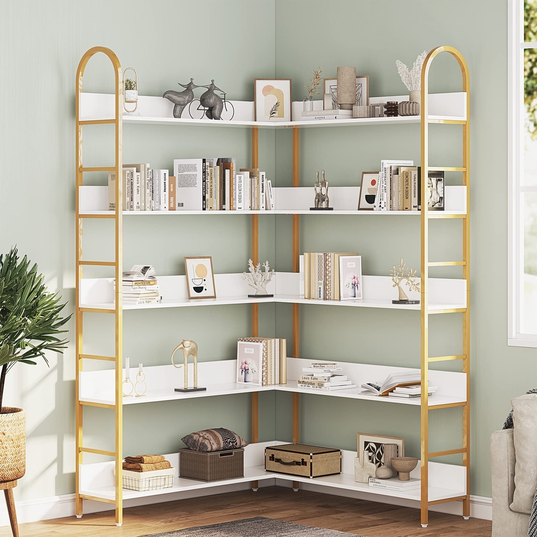 White and Gold Corner Bookshelf 5 Shelf Arched Cabinet Bookcase