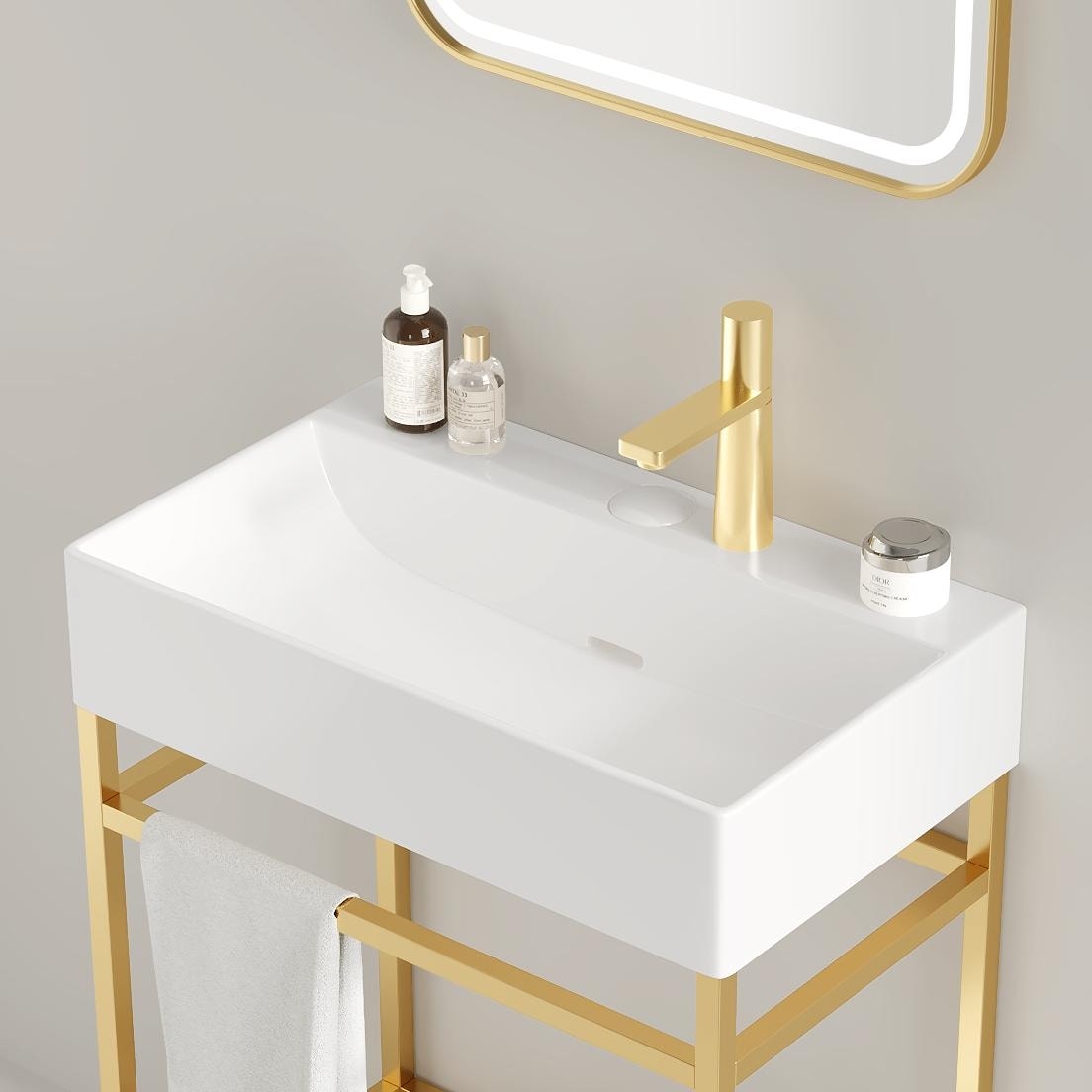Bathroom Vanity with Ceramic Basin, Bathroom Console Sink Set, Bathroom Cabinet with Metal Towel Rack & Storage Shelf