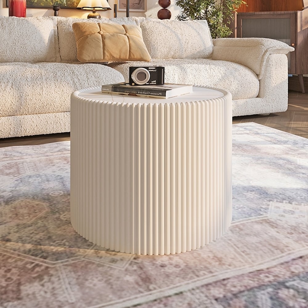 Light Sintered stone Top Cylinder Shape Leather Coffee modern Sofa Table