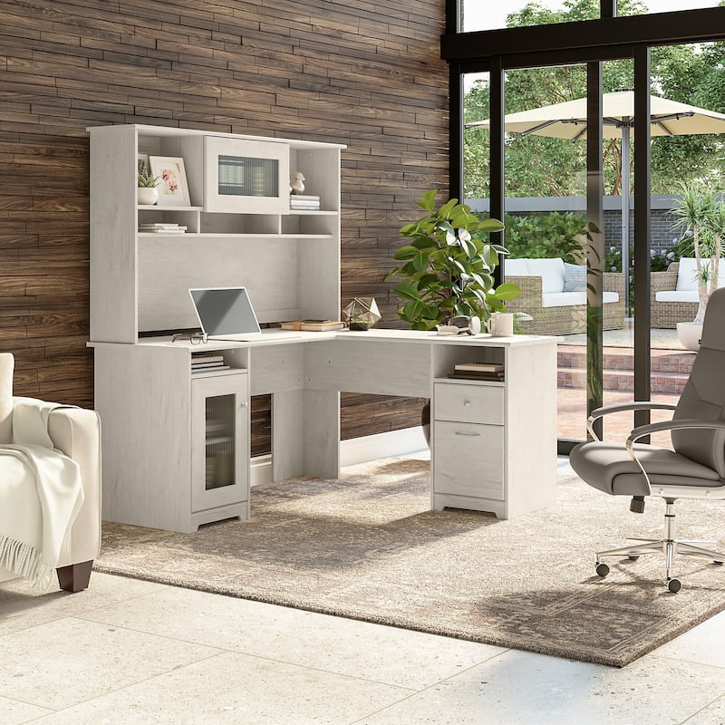 Cabot 60W L-Shaped Desk with Hutch and Storage by Bush Furniture - Linen White Oak
