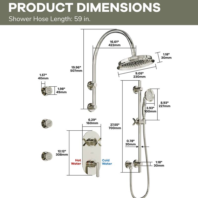 Thermostatic Shower System with 9 in. Rain Shower Head, Handheld Shower and 3 Body Jets, 3-Spray Wall Mount Shower Faucet Set