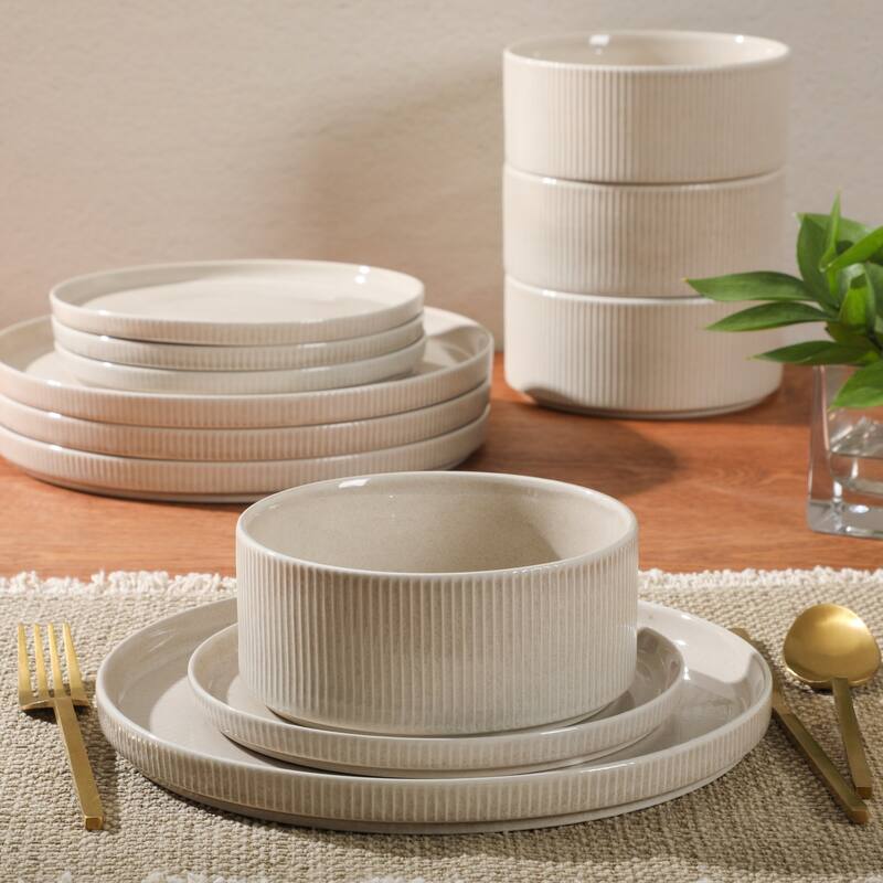 Gibson Elite Solana Coast 12 Piece Stoneware Reactive Glaze (Service for 4) Plates and Bowls Modern Shape Dinnerware Set