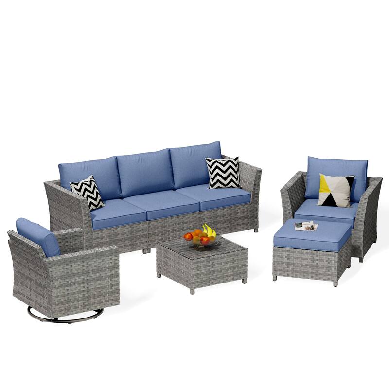 HOOOWOOO 7-piece PE Wicker Outdoor Furniture Sectional Set with Swivel Rocking Chair