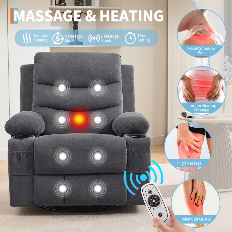 Swivel Rocker Recliner Chair with Massage and Heat, Oversized Reclining Sofa