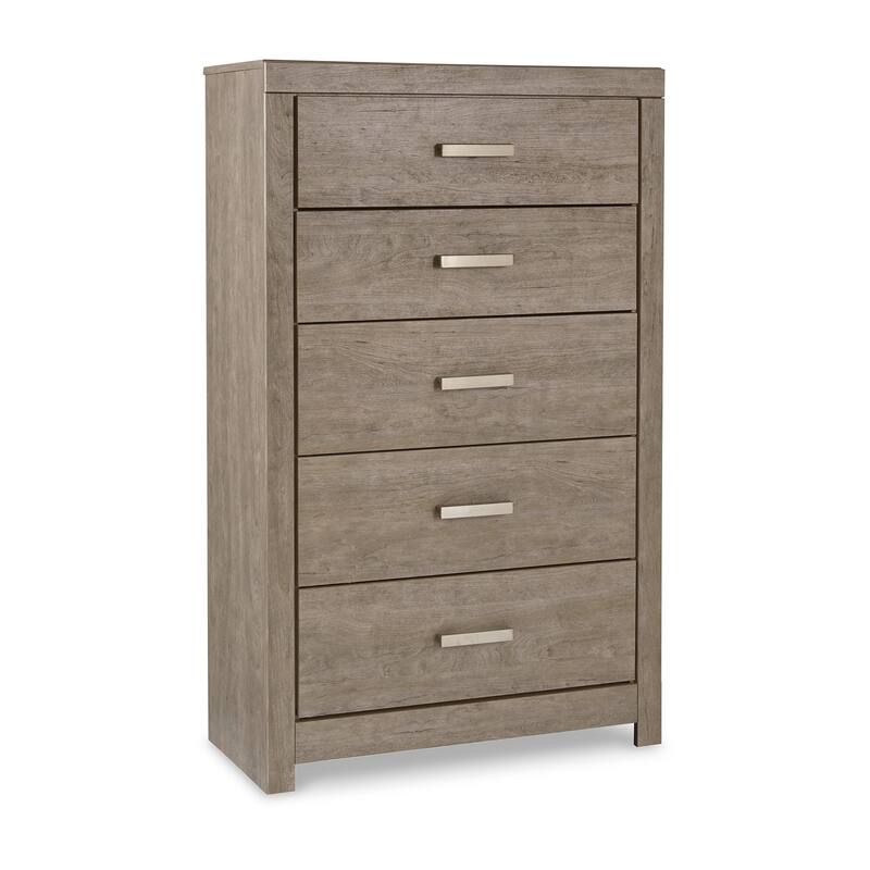 Kulv Tall Dresser Chest, 5 Storage Drawers, Modern Taupe Gray Laminate