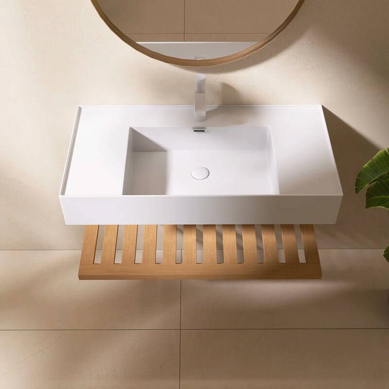 Wall-Mounted Bathroom Vanity in Natural Wood with White Integrated Acrylic Sink