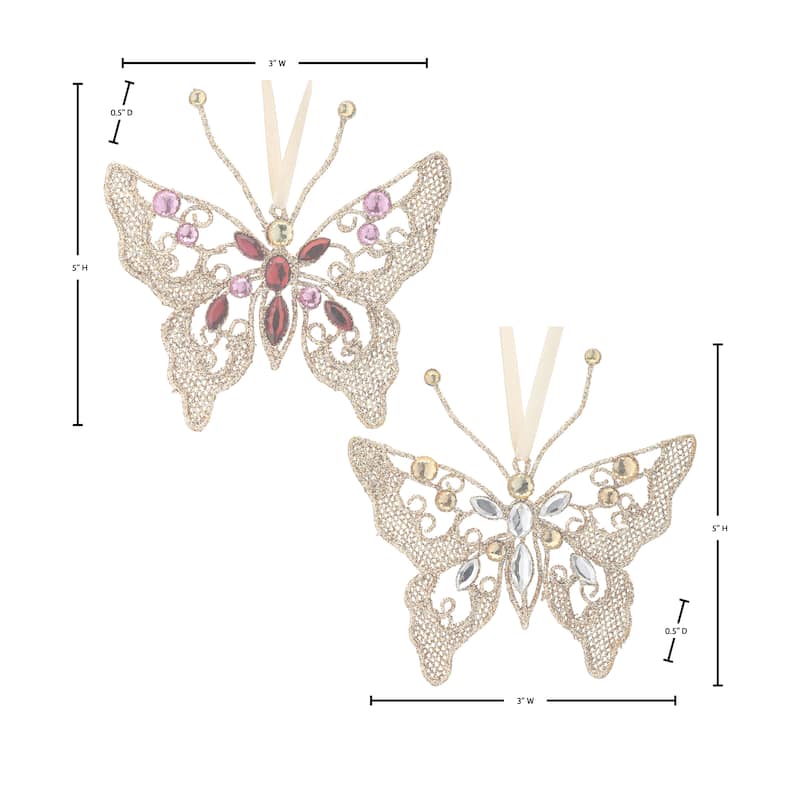 5" Metal and Jewel Butterfly Ornament Set of 4
