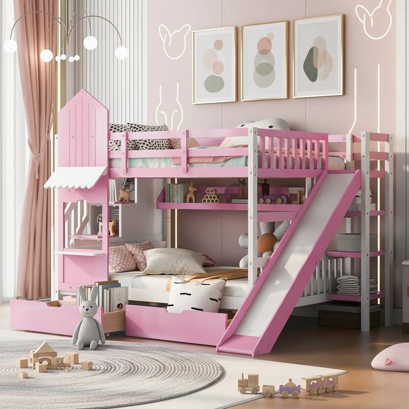 Merax Castle Style Bunk Bed with 2 Drawers 3 Shelves and Slide - Pink - Full