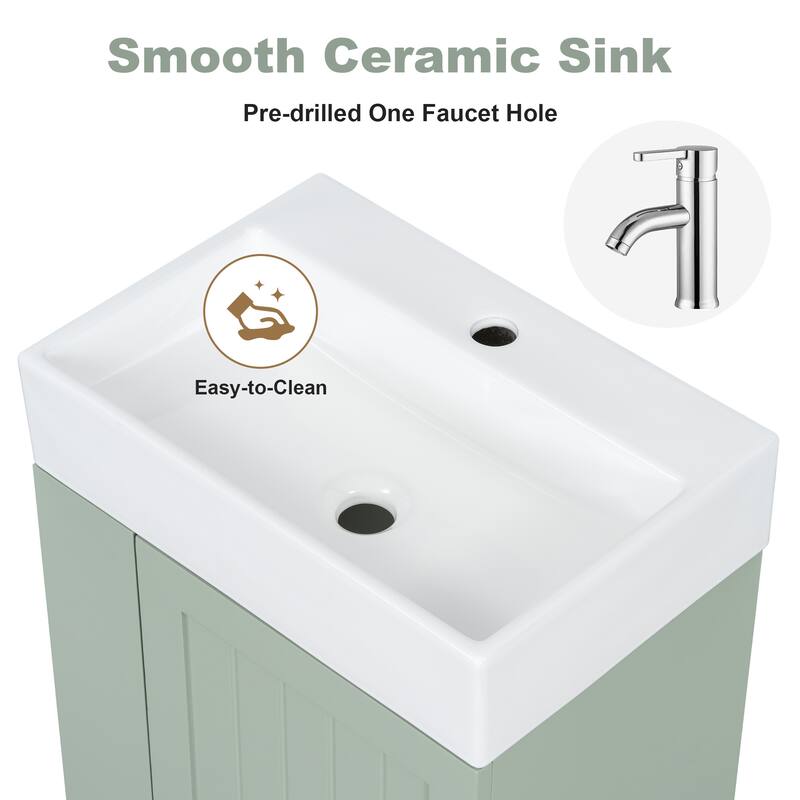 20 Inch Wall-mounted Bathroom Vanity with Ceramic Sink, Floating Bathroom Vanity Cabinet with Side Shelf for Small Bathrooms