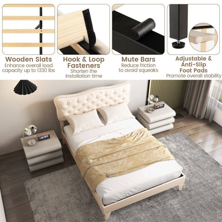 Bed Frame with Nail Headboard and Wooden Slats