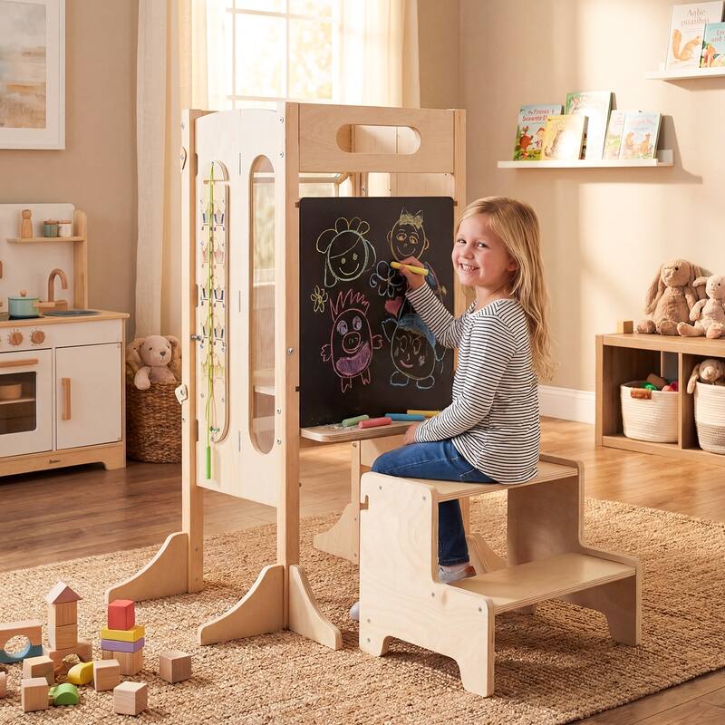 Gymax Toddler Kitchen Step Stool w/Chalkboard Detachable Safety Net