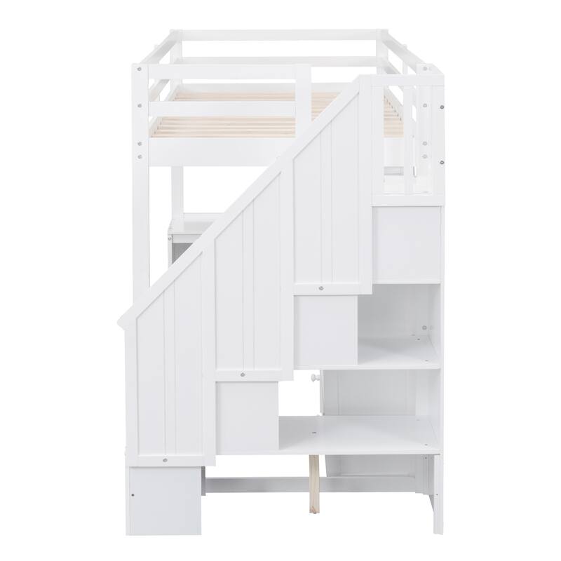 Twin Loft Bed with L-Shaped Desk, Drawers, Cabinet, and Storage Staircase, White