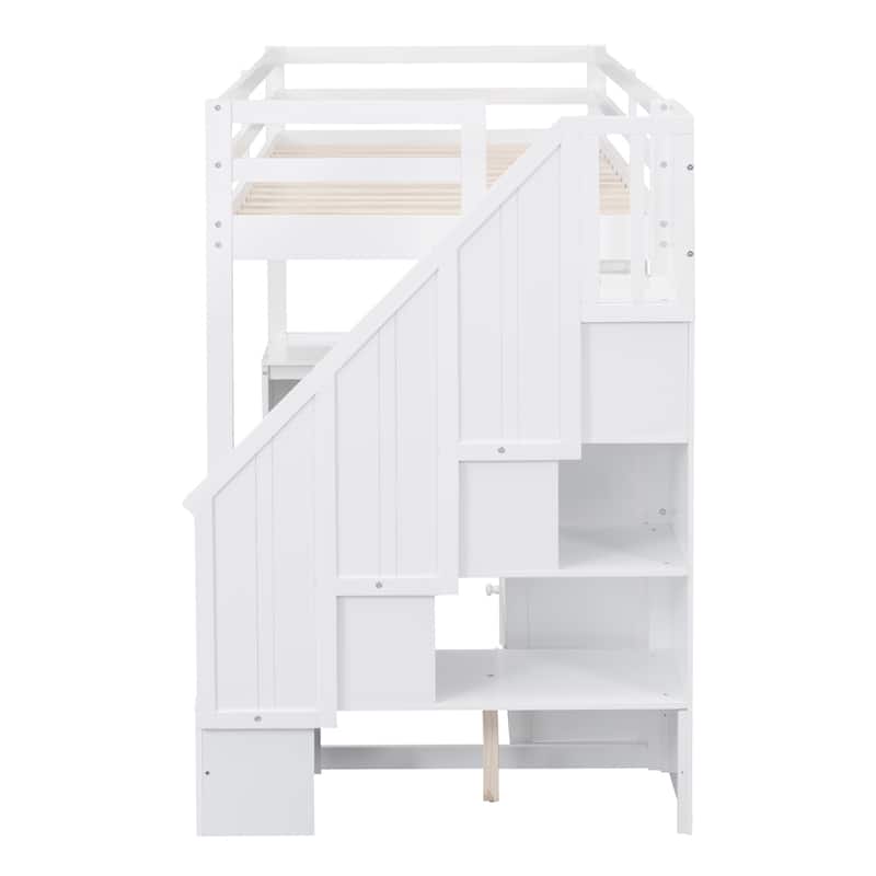 Twin Size Loft Bed with L-Shaped Desk, 3 Drawers, Cabinet & Storage Staircase, Full-Length Guardrail for Top Bunk