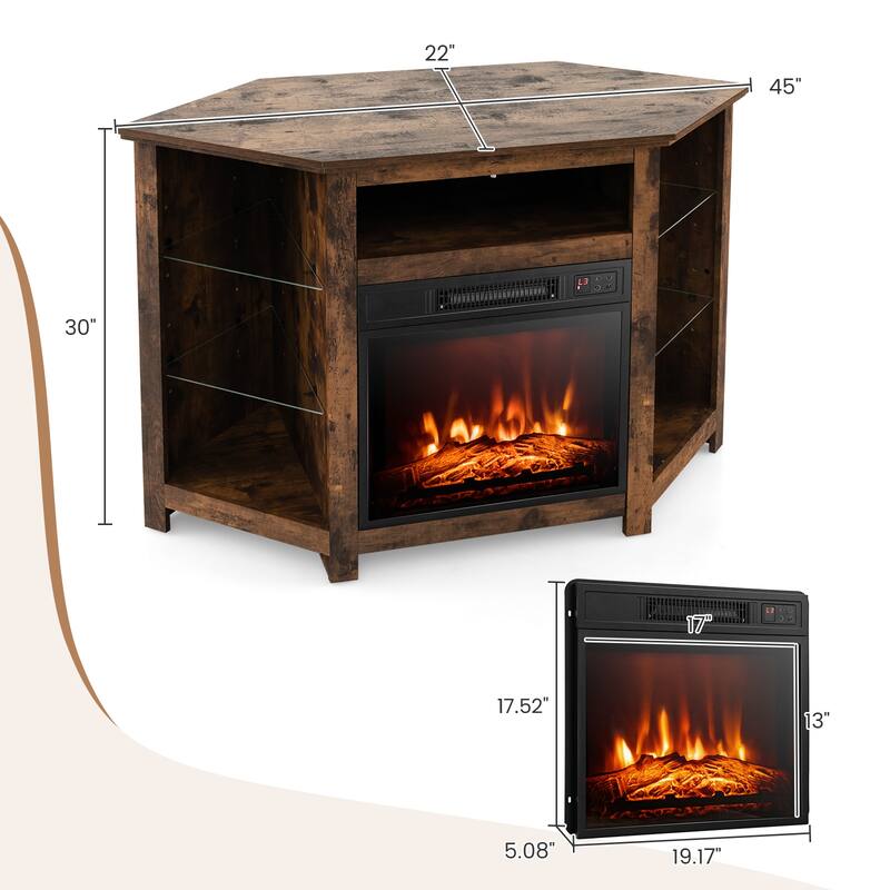 Electric Fireplace Corner TV Stand with LED Lights and Adjustable Glass Shelves - 45" x 22" x 30"