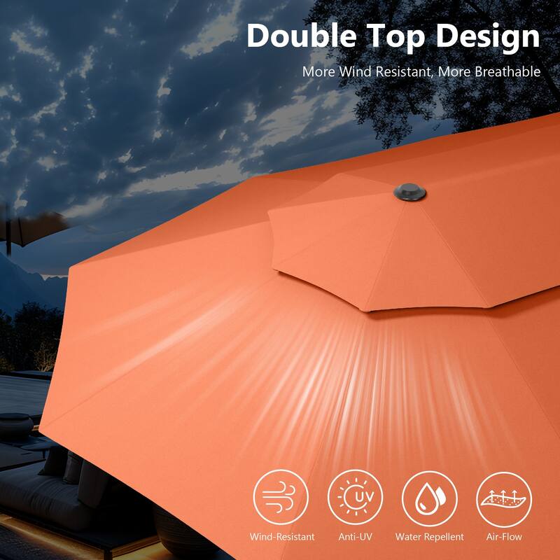 MAISON ARTS 15ft 2-Tier Large Patio Umbrella with Solar Lights, Double-Sided Outdoor Market Umbrellas with Base Included