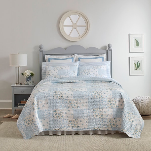 Laura Ashley Kenna Cotton Reversible Blue Quilt Set Bed Bath & Beyond