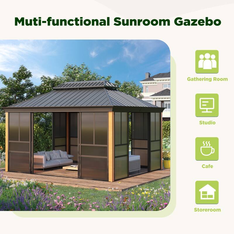 Erommy Outdoor Solarium Sunroom, Patio Hardtop Gazebo, Aluminum Frame Permanent Gazebo with Sliding Doors and Screens