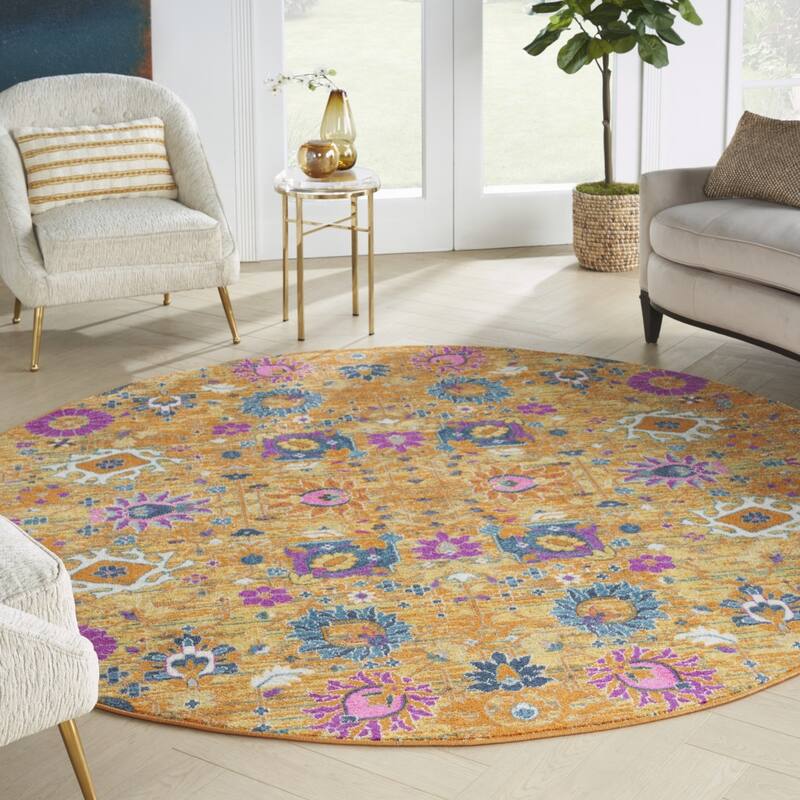 Caki Power Loomed Geometric Floral Area Rug By HomeRoots - 8' Round
