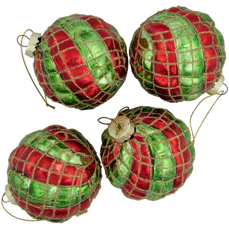 Glitter Lattice Striped Christmas Glass Ball Ornaments - 3" (80mm) - Red and Green - 4ct