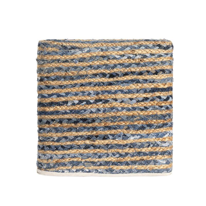 HomeRoots 18" Beige and Blue Cotton And Jute Striped Pouf Ottoman