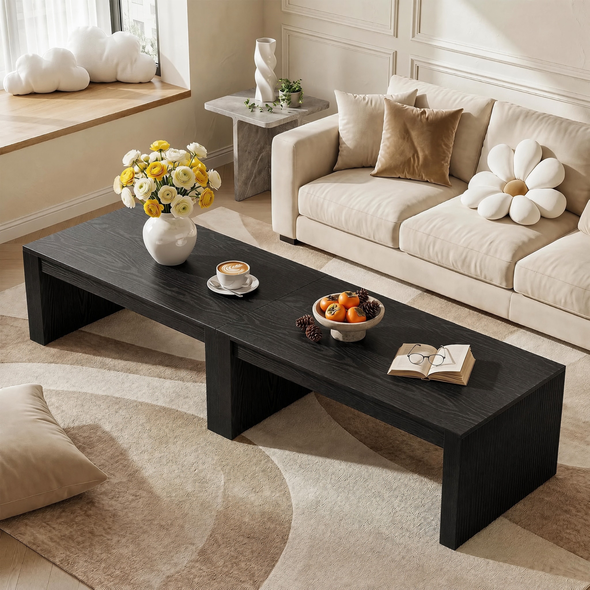 47.2" Rectangular Coffee Table with Fluted Base, Modern Low Cocktail Tea Table for Living Room - 23.6"D x 47.2"W x 17.7"H