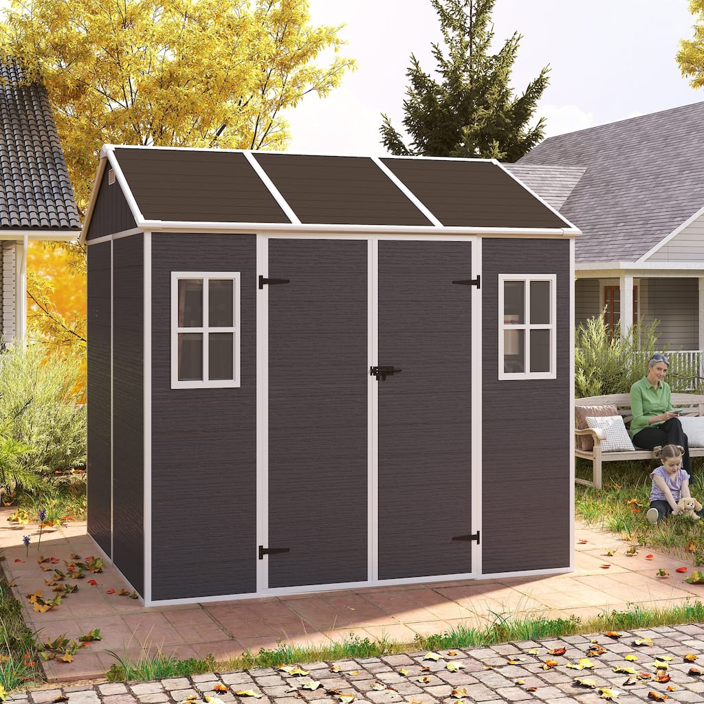 8*7ft Outdoor Storage Shed, Outdoor Resin Shed with Two-Window and Double-Door, Plastic Shed with Floor for Garden, Yard, Lawn