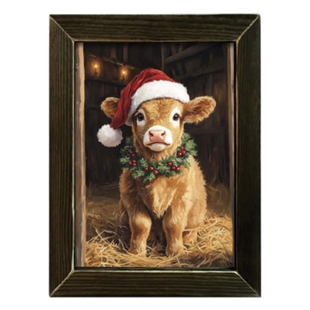 Baby Christmas Bull Framed Print Rustic Farmhouse Holiday Wall Art - 17.5" H x 13.5" W x .5" D
