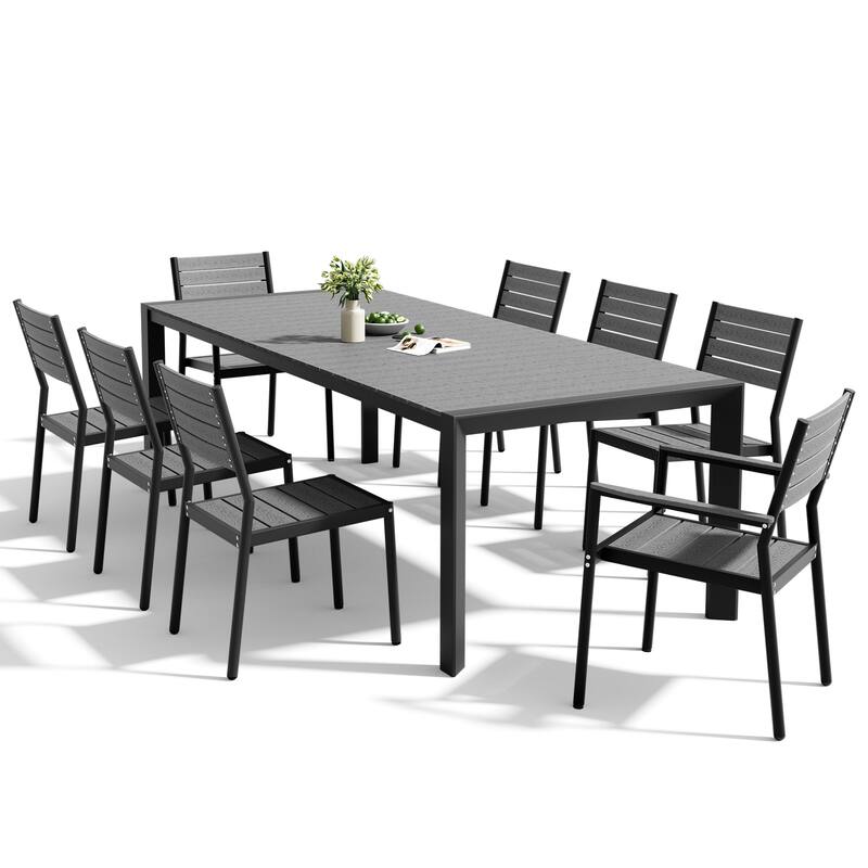 Set of 9 Outdoor Patio Dining Set WoodLike Table Top Aluminum Rectangular Umbrella Hole Table with Stackable Dining Chairs Set