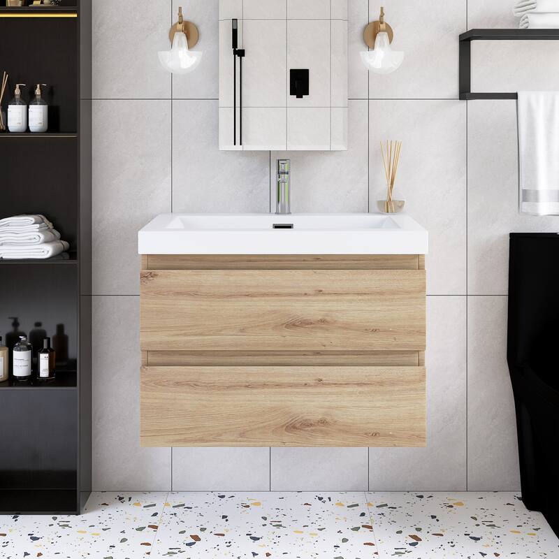Angela Wall Mounted Bathroom Vanity in F. Oak with White Cultured Marble Top