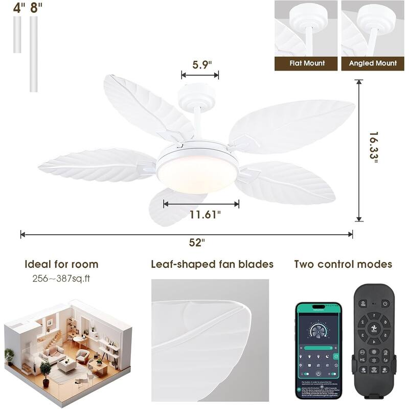 52" Waterproof Indoor and Outdoor Ceiling Fans with Lights, APP and Remote Control, Dimmable Farmhouse Ceiling Fan - 52 Inches