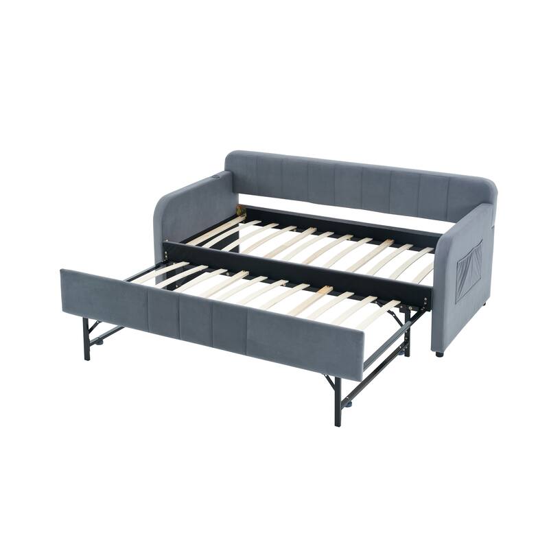 Twin Size Velvet Upholstered Daybed, Wood Sofa Bed Frame Daybed Couch with Trundle Bed and Wood Slat