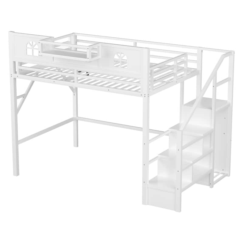 Full / Queen Size Loft Bed with Stairs, House Shaped Guardrails, and Wardrobe Storage
